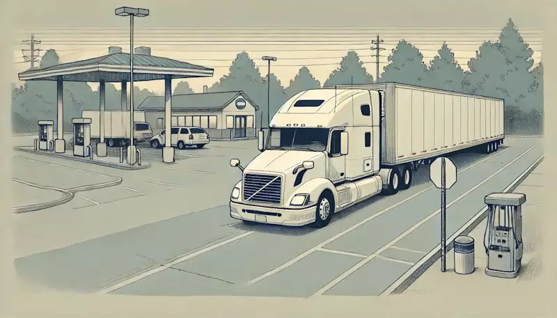 A semi-truck pulling into a rest area, depicted in a cartoon style with thin lines and muted colors.